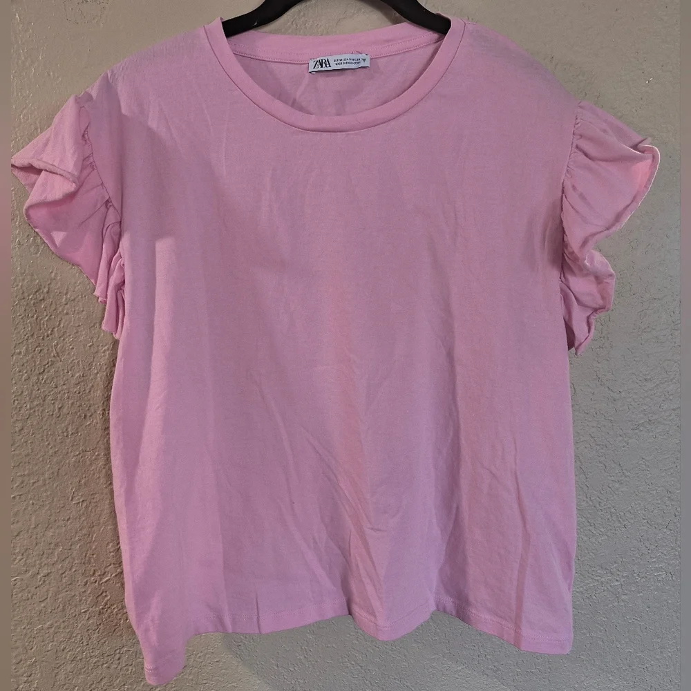 Zara Pink Sz M Ruffle Sleeve Top - Picture 1 of 8